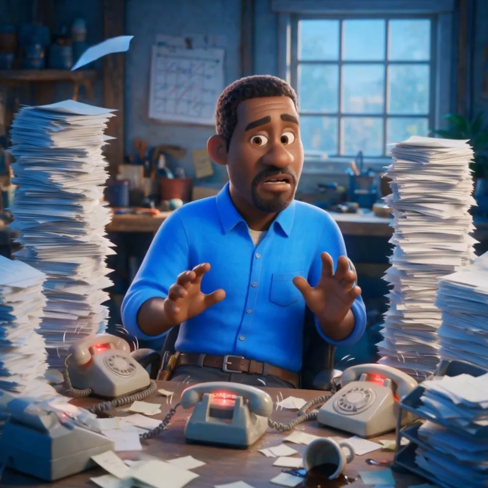 A local business owner buried in ringing phones and paperwork — the opening scene of the Enovata explainer