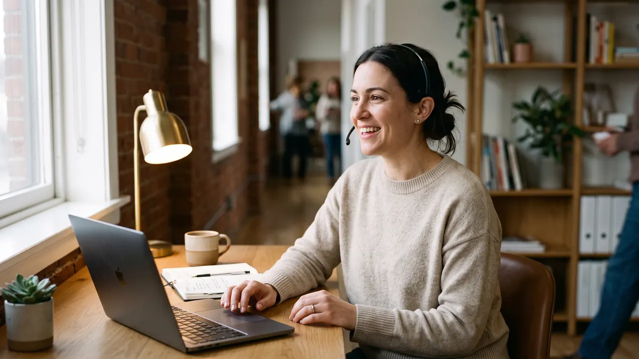 Illustrative scene: a coordinator on a wireless headset mid-conversation at a bright front desk