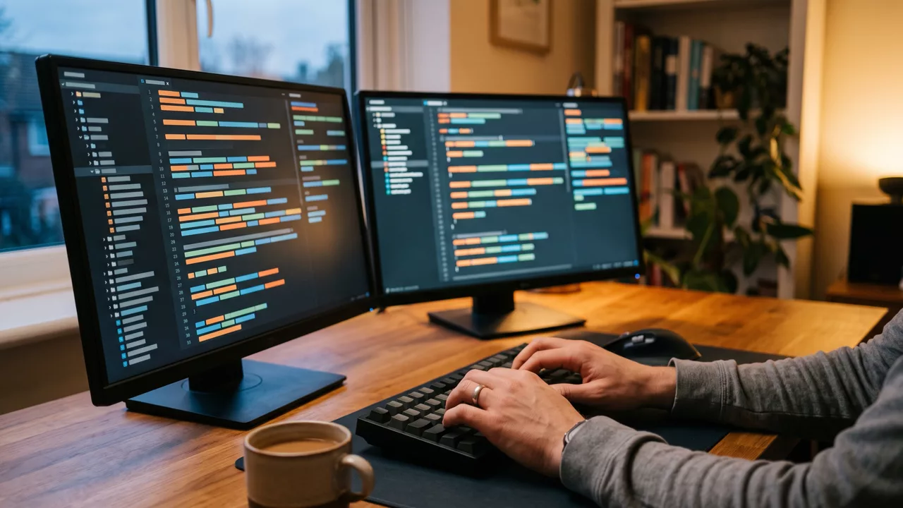 Illustrative scene: hands at a keyboard before two monitors of abstract colored code