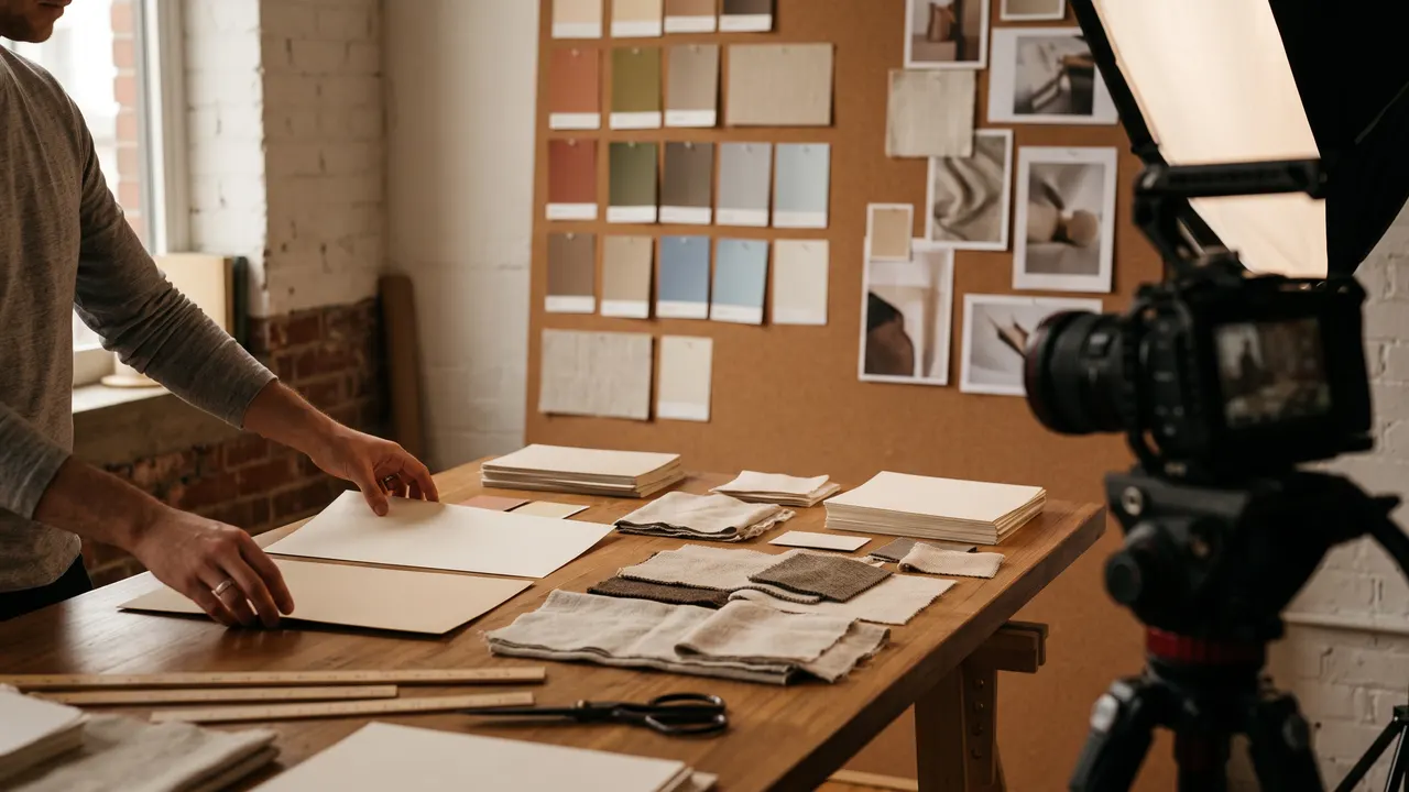 Illustrative scene: a studio worktable of brand swatches and printed boards, a cinema camera soft in the background
