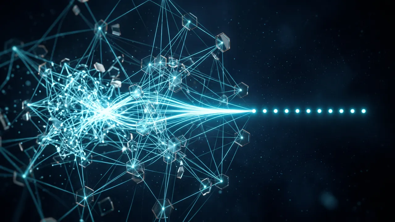 Conceptual render: a network of glowing threads converging into one ordered line of light