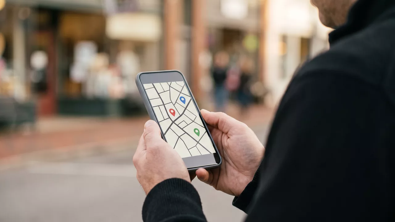 Illustrative scene: a phone in hand showing a map with location pins over a blurred main street