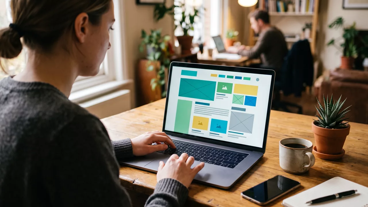 Illustrative scene: a person at a wooden desk reviewing a wireframed page layout on a laptop